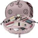 Drawstring Makeup Bag Open Lay Flat,Large Capacity Cosmetic Bag For Women Purse With Compartments,Travel Toiletry Bag Accessories Organize (Brown)