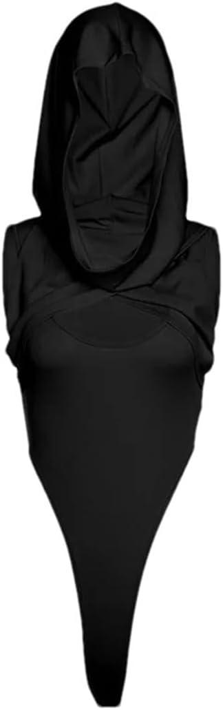 Pulcykp Women Hooded Streetwear Bodysuit Hollow Sexy Body Sleeveless One-Pieces Slim Fit Sexy Bodysuit Top (Large)