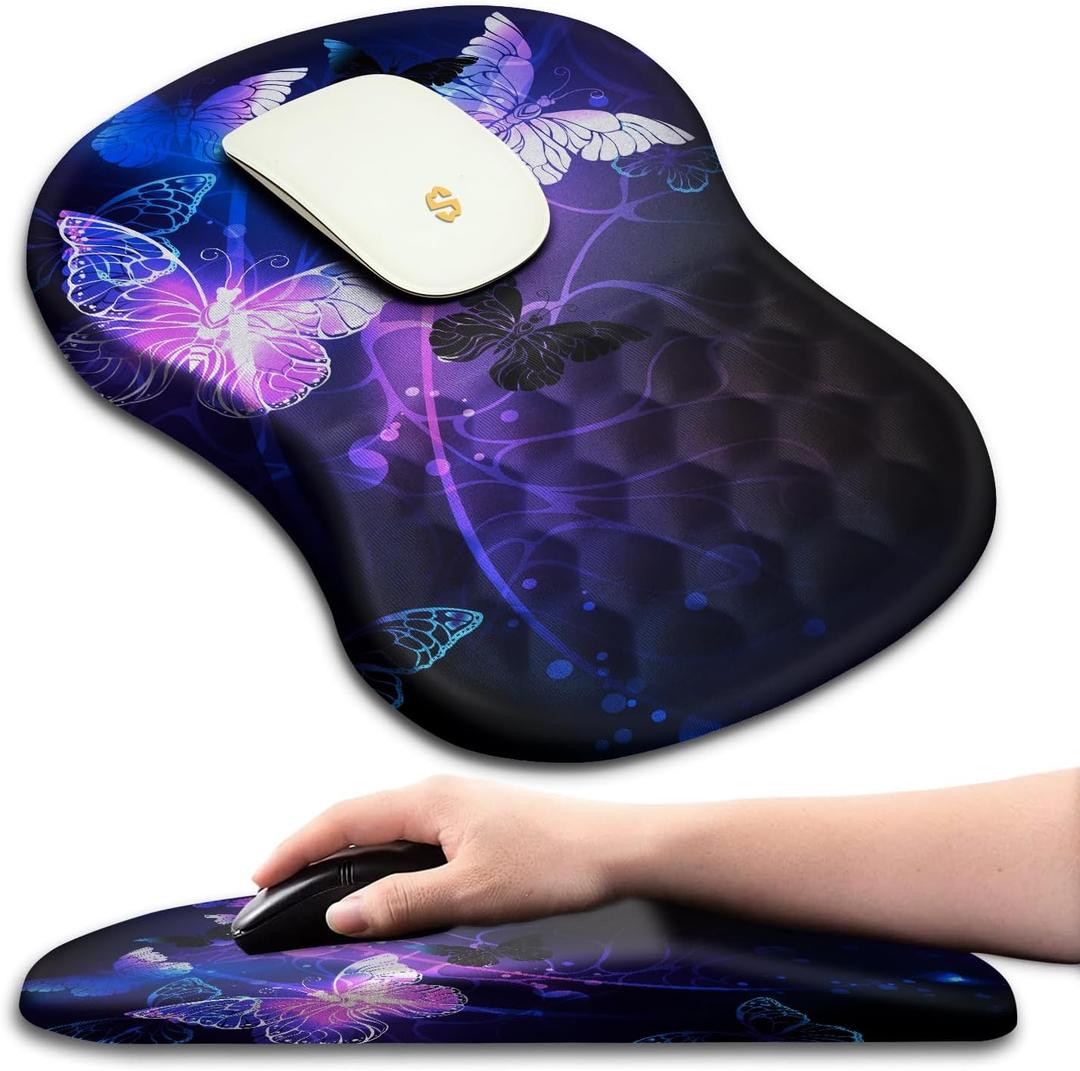Ergonomic Mouse Pad with Wrist Rest Support, Massage Design Mouse pad Relief Carpal Tunnel Pain, Entire Memory Foam Non-Slip Mouse Pad, Computer Mouse Pads for Wireless Mouse Pad, Cool Butterfly