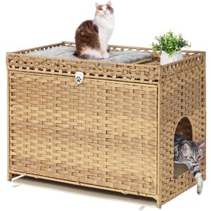 Cat Litter Box Enclosure with Soft Litter Mat; Hidden Cat Washroom Furniture with Door; Handwoven Rattan Kitten House with Large Space; Pet Crate for Living Room, Bedroom, Balcony (Natural)