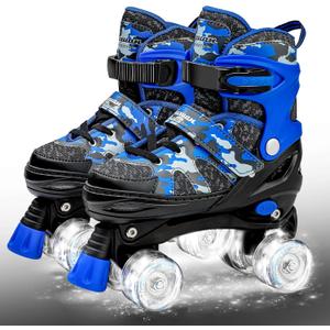 Kuxuan Skates Boys and Girls Camo Adjustable Roller Skates with Light up Wheels, Fun Illuminating Rollerskate for Kids Girls Youth (Small(10-12US), blue)