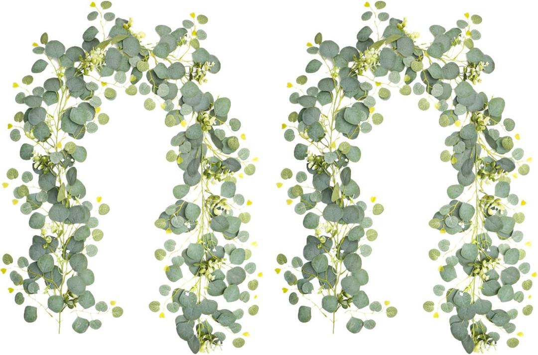 2Pcs Artificial Eucalyptus Garland 6.5FT Faux Silver Dollar Leaf Greenery Vine for Wedding Arch, Table Centerpiece, Fireplace Mantel, Wall and Party Decor