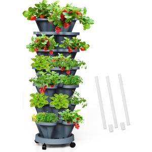 Strawberry Vertical Planters Tower Garden, 7 Tiered Stacking Herb Vegetable Planter with Support Pole Indoor and Outdoor - Dark Grey