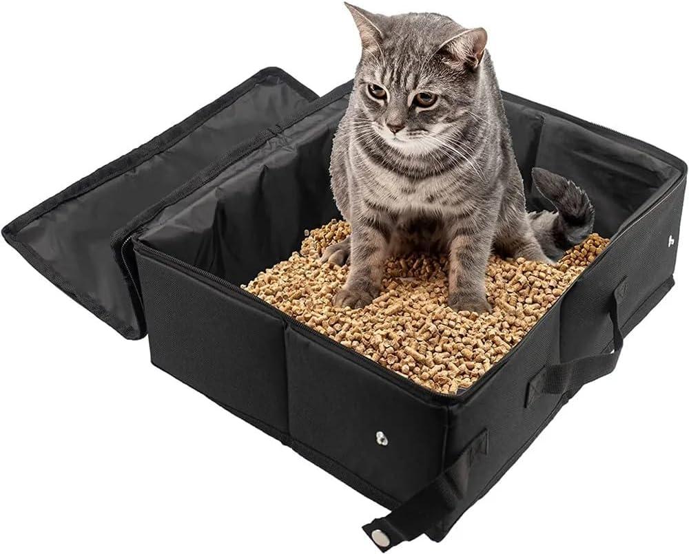 Portable Cat Travel Litter Box with Zipped Lid, Foldable Travel Litter Box, No Leakage, No Smell, Waterproof, Easy to Carry, Easy to Use in Hotels, Car (Dark Black)