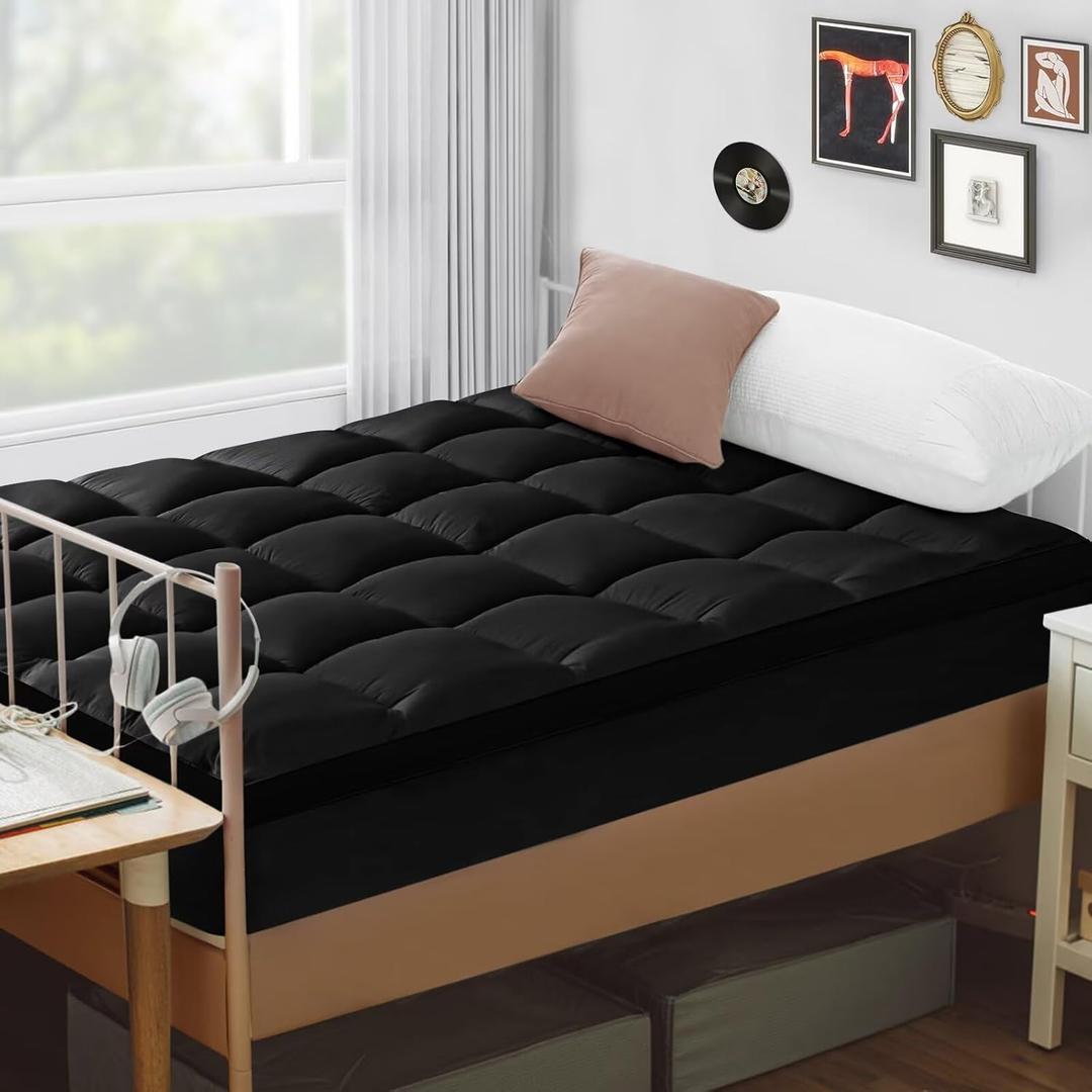 Mattress Topper Twin Size, CYMULA PillowTop Mattress Pad Cover for Dorm College Bed Hospital Back Pain, Cooling Mattress Protector Extra Thick Firm Soft Fill with 8-21 Inch Deep Pocket, 39"x75"Black