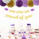 Purple White-Gold Party-Decoration Graduation Banner - 8pcs Kits Cap Garland Streamers, Paper Tissue Pom Poms Flowers,We are So Proud of You Congratulations Grad 2024 Decor Lasting Surprise