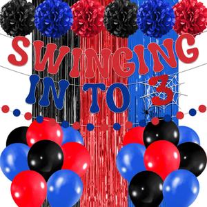 Spider Birthday Decorations with Swinging into 3 Banner Balloons Paper Pom Poms Foil Curtain Backdrop for 3 Years Old Kids Birthday Party