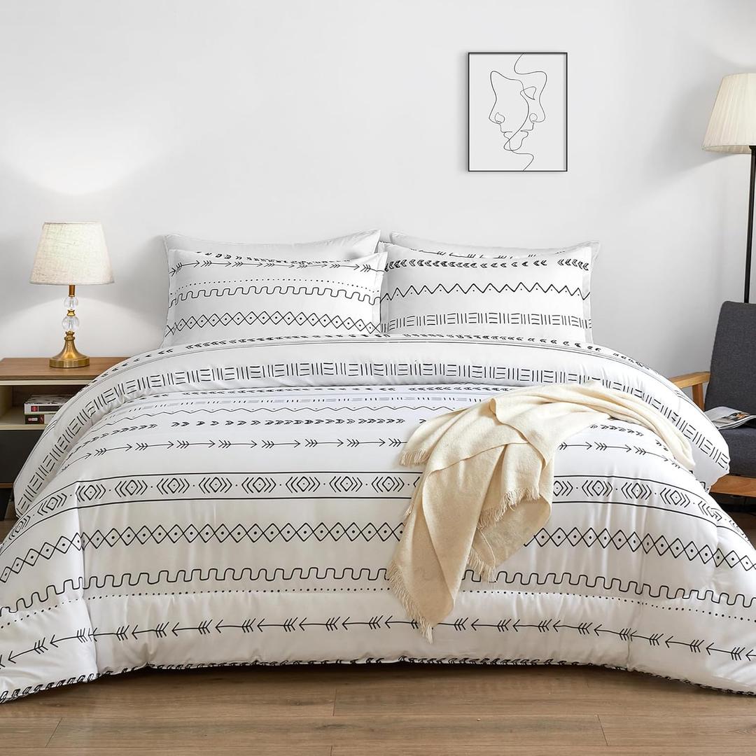 Andency White Boho Comforter Queen Size (90x90Inch), 3 Pieces (1 Bohemian Striped Comforter+2 Pillowcases) Aztec Geometric Triangle Arrow Summer Lightweight Microfiber Down Alternative Comforter Set