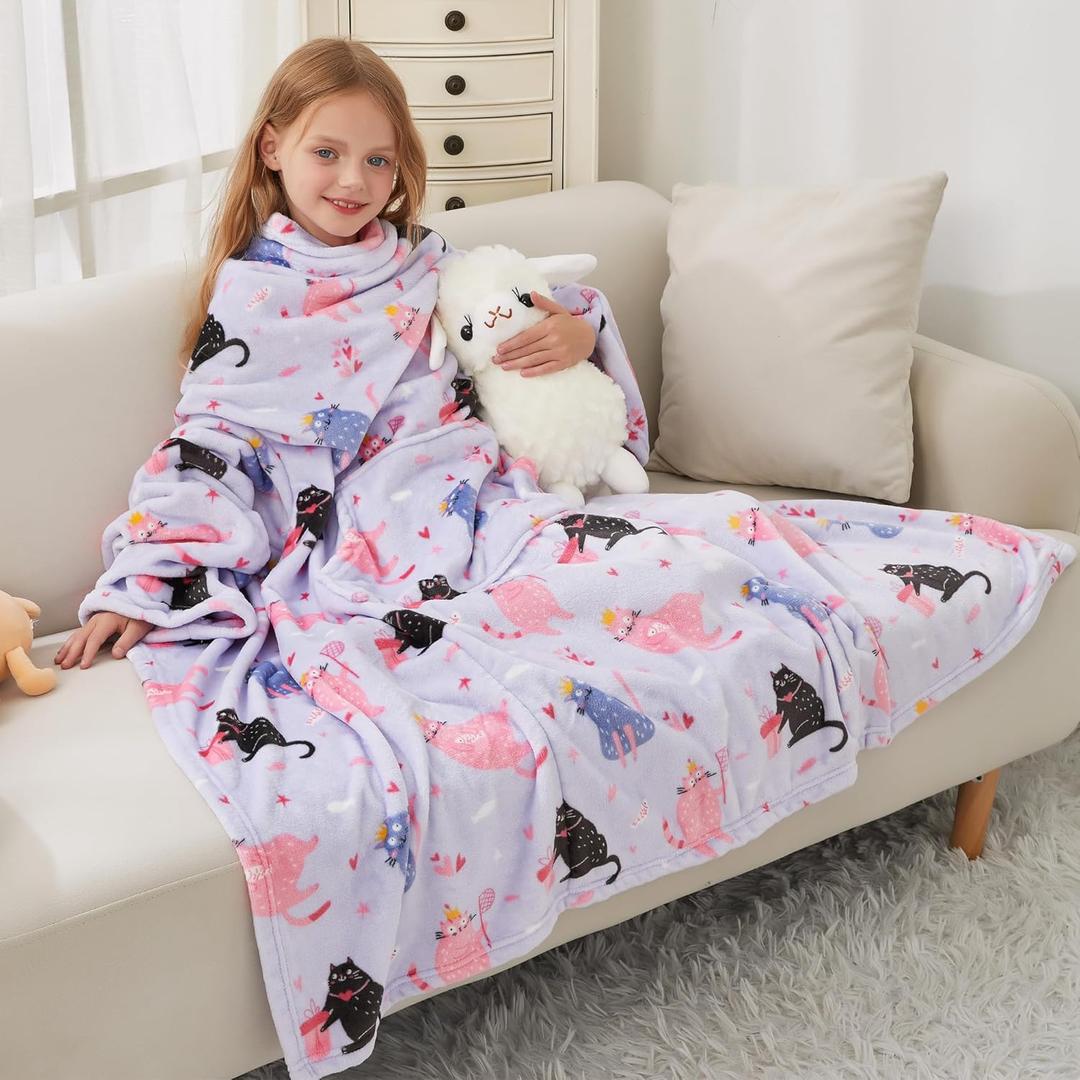 Softan Kids Snuggies Wearable Fleece Blanket with Sleeves & Foot Pocket for Kids Girls Boys, Lightweight Soft Blanket, Cat