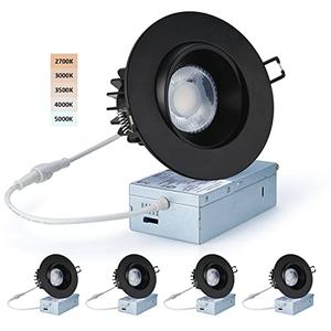 POPANU Canless Recessed Gimbal Downlight - Suitable for 20ft High Ceiling 1200lm 4 Inch 15W LED Rotatable Eyeball Spotlight, 5CCT Dimmable Lights with Junction Box, Anti-Glare, Black 4 Pack