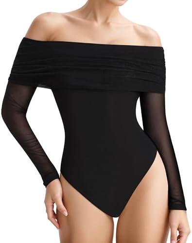 MANGOPOP Women's Off The Shoulder Long Sleeve Bodysuit Sexy Sheer Mesh Top Double Lined Body Suits Fall Outfit 2025 Size XL