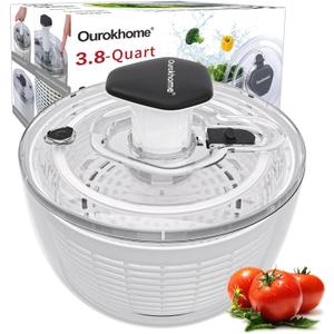 Ourokhome Salad Spinner Lettuce Dryer, One-handed Easy Press Large Vegetable Dryer Salad Mixer with Comfortable and Retractable Pusher and Brake Button for Greens, Herb, Berry, Fruits, 3.8 QT, Black