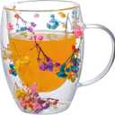 Double Walled Clear Glass Espresso Cups with Handle Cute Floral Latte Coffee Mugs for Women Unique Tea Mug Cappuccino Cups
