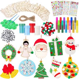 Yerliker 40 Sets Wooden Snowflake for Crafts Unfinished Jingle Bells Wood Painting Crafts Kit Christmas Ornaments Hanging Decorations for Parties Gifts Arts