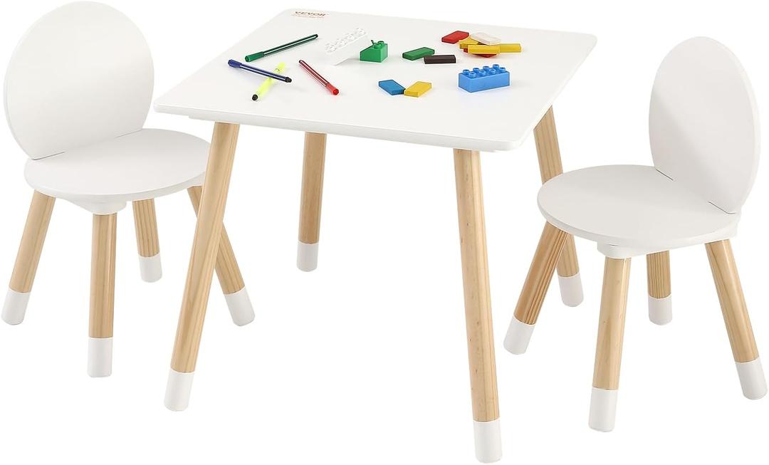 VEVOR Kids Table and Chairs, Toddler Table and Chair Set, Children Wooden Multi-Activity Table for Play, Art, Craft, Reading, Learning, Eating, 1 Table and 2 Chairs