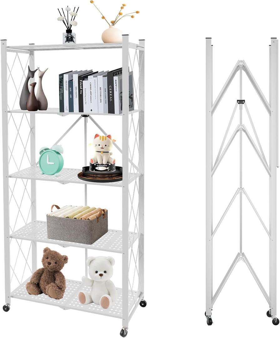 5 Tier Folding Shelf with Wheels, Metal Steel Collapsible Shelves, No Assembly Portable Shelves Organizer Rack, Rolling Standing Utility Rack for Kitchen, Pantry, Office, White