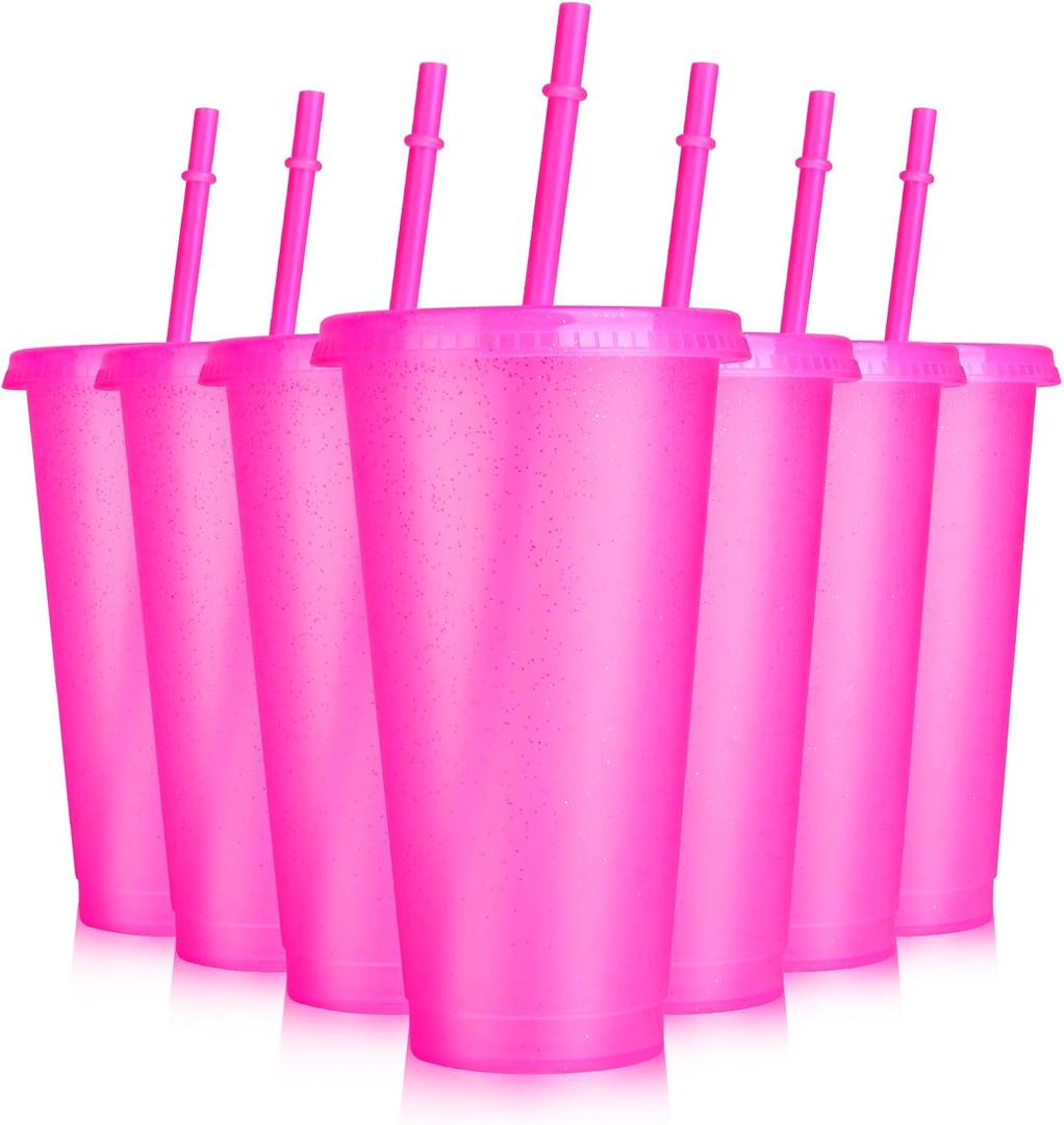 Hooqict 7 Pack Reusable Cups with Lids and Straws 24 oz Glitter Plastic Tumbler Water Iced Coffee Travel Mugs Hot Pink Party Favor Cups for Smoothie Juice Beach Birthday Bachelor Girls Princess Party