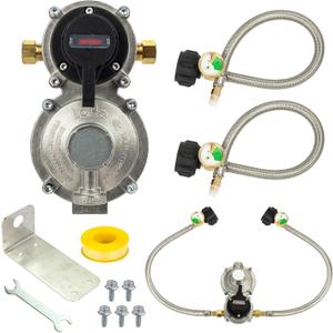 BlueStars [2025 Upgraded] RV Propane Regulator 2-Stage Auto Changeover, 2X 18Inch Pigtails & Gauge  for Dual Propane Tanks to Trailers, Campers, RVs, Stainless Braided QCC1 1/4" Inverted Male Flare
