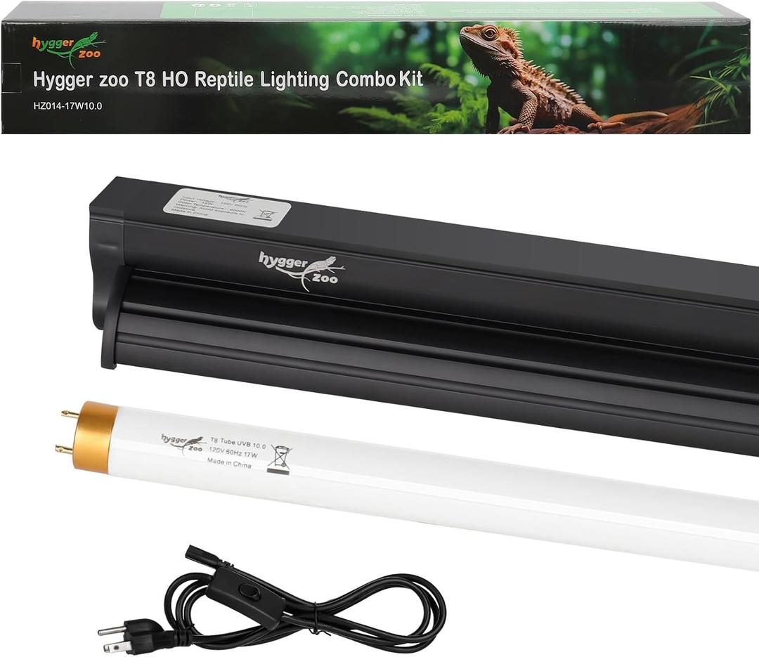 T8 10.0 UVB Reptile Light Fixture UVB Bulb Lighting Combo Kit, HO 17W UVB Light for Reptiles Terrarium Hood with Reptile UVB Light Bar UVB Tube Light Lamp Desert for Bearded Dragon Turtle Tank, 24Inch