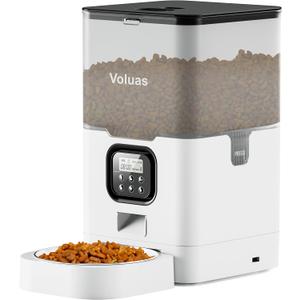 VOLUAS Automatic Cat Feeders - Pet Food Dispenser for Dry Food, Timed Cat Feeder with Desiccant Bag, Programmable Portion Size Control 4 Meals Per Day, 10s Voice Recorder (6L, White Transparent)