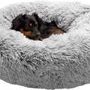 Furhaven 30" Round Calming Donut Dog Bed for Medium/Small Dogs, Refillable w/ Removable Washable Cover, Up to 45 lbs - Shaggy Plush Long Faux Fur Donut Bed -Mist Gray, Medium,30.0"L x 30.0"W x 10.0"Th