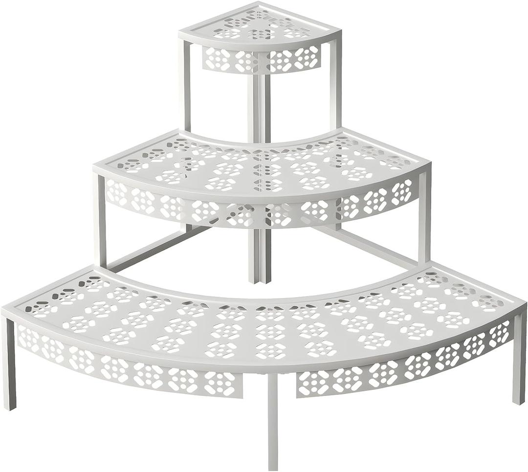 aboxoo 3 Tier Plant Stand Semi-Circular Flower Pot Organizer Rack Quarter Round Plant Display Holder Outdoor Storage Shelves Metal Corner Shelf Planter Shelving Ladder Plant Stand for Indoor (24.6"L x 24.6"W x 24.6"H, White)