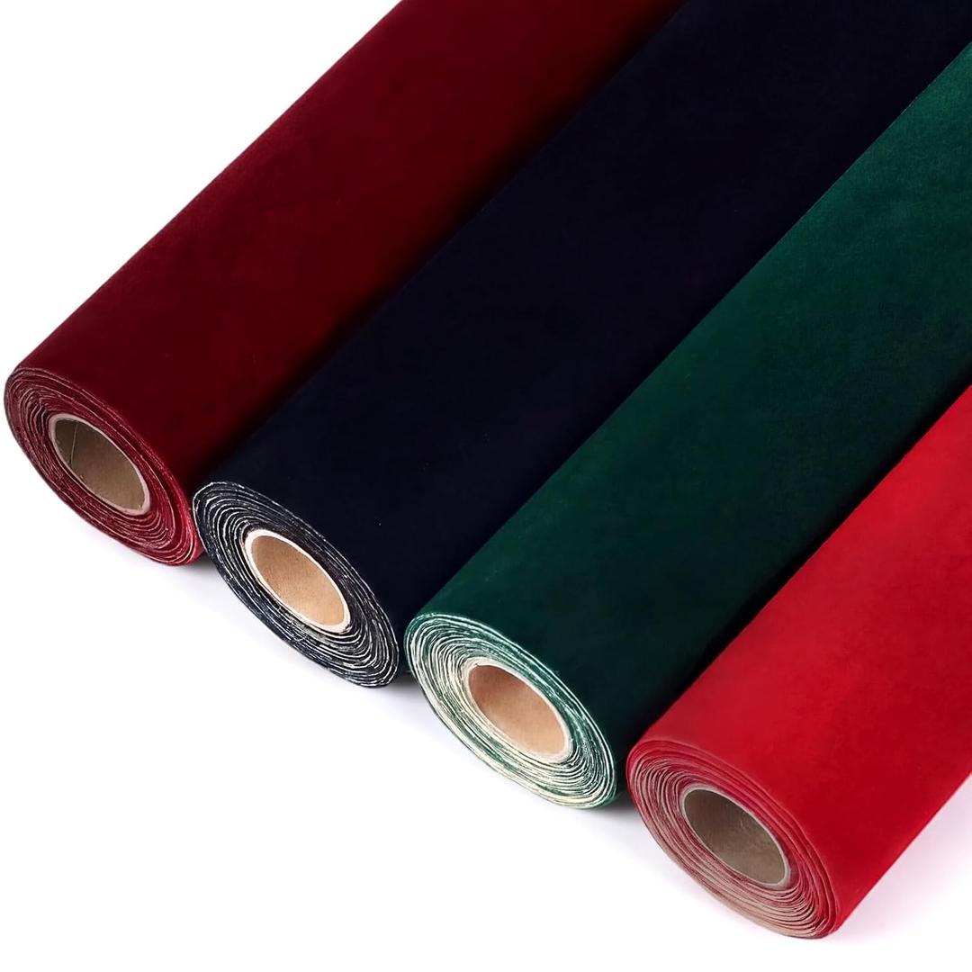 Peryiter 4 Packs Self Adhesive Flock Backing Paper Liner Self-Adhesive Fabric Sheets for Jewelry Drawer DIY Craft Festival Decorations, 17.7" x 117" (Red, Dark Red, Black, Green)