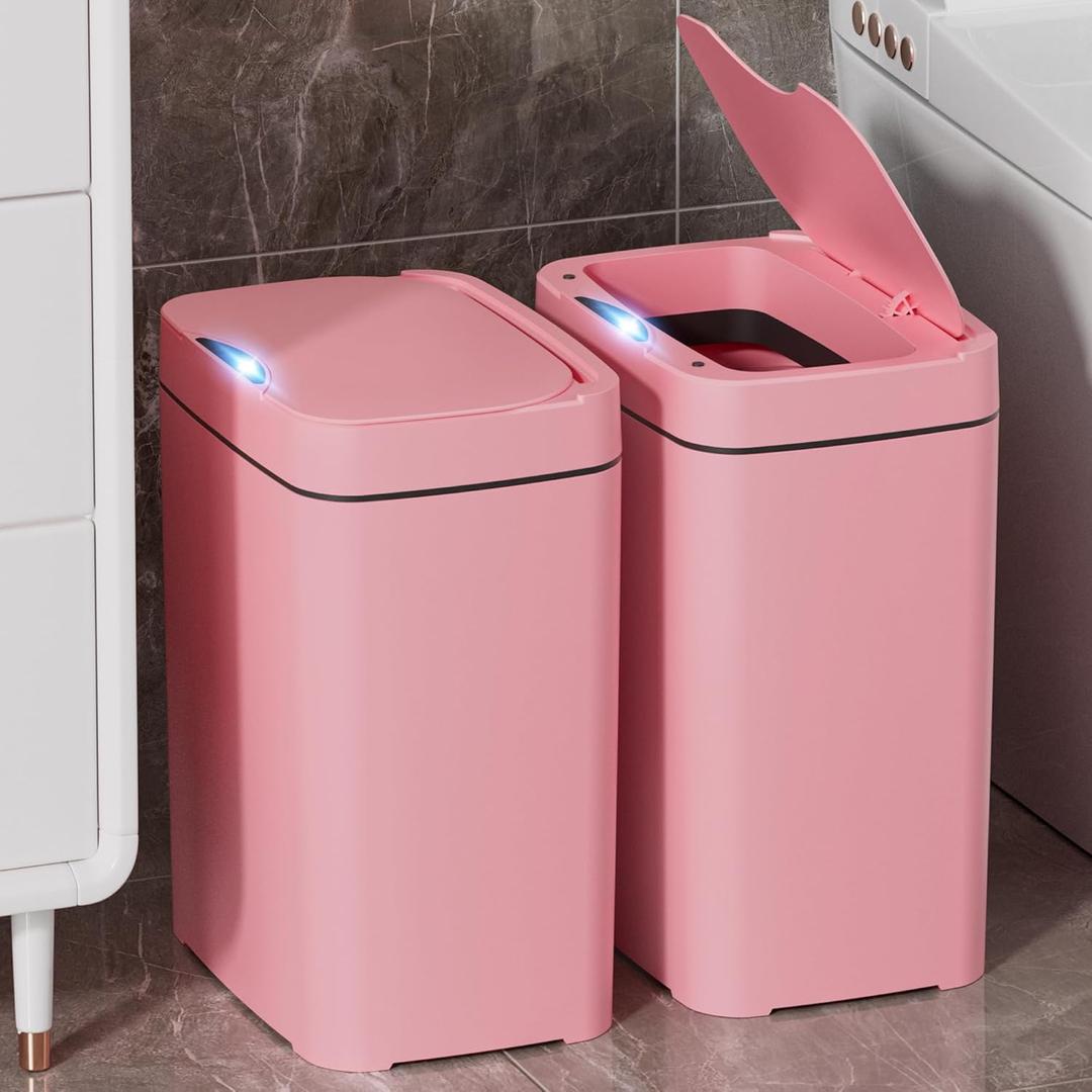 2 Pack 2.7 Gal Bathroom Garbage Can with Lid, Automatic Garbage Can Small Smart Garbage Can Touchless, Slim Motion Sensor Waterproof Plastic Garbage Bins for Bedroom Office Kitchen Toilet Pink