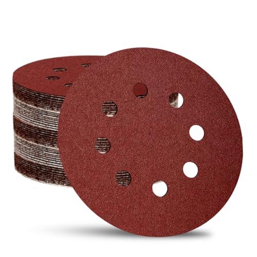 5 Inch 8-Hole Hook and Loop Sanding Discs Sandpaper Red Round 220 Grits Sandpaper for Random Orbital Sander (220 Grit 52-Pack)