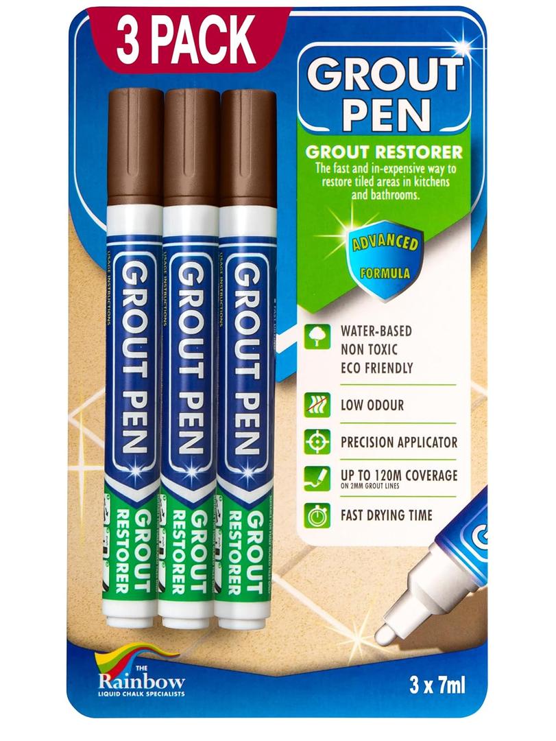 Grout Pen Brown Tile Paint Marker: Waterproof Grout Paint, Tile Grout Colorant and Sealer Pen - Brown, Narrow 5mm Tip (7mL) - 3 Pack