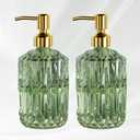 AmazerBath Soap Dispenser, 2 Pack Green Glass Soap Dispenser with Pump Stainless Steel, 14.2OZ Luxury Gold Hand Soap Bottles Bathroom Kitchen