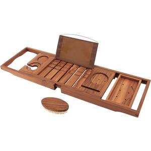 VaeFae Premium Teak Bathtub Tray, Expandable Wooden Bath Tray for Tub, Luxury Bathtub & Bathroom Accessories, Great House Warming, Anniversary & Wedding and Birthday Gifts (Free Teak Body Brush)
