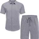 COOFANDY Men's Summer Beach Outfits 2 Piece Short Sleeve Shirts and Shorts Vacation Texture Linen Sets for Men, S