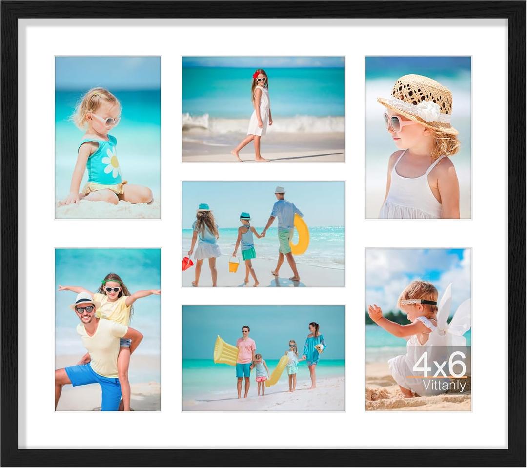 Vittanly 15x17 Collage Picture Frame, Displays 7Pcs 4x6 Pictures with Mat, 4x6 Picture Frames Collage Wall Decor for Horizontal or Vertical Display, Black, 1 Pack