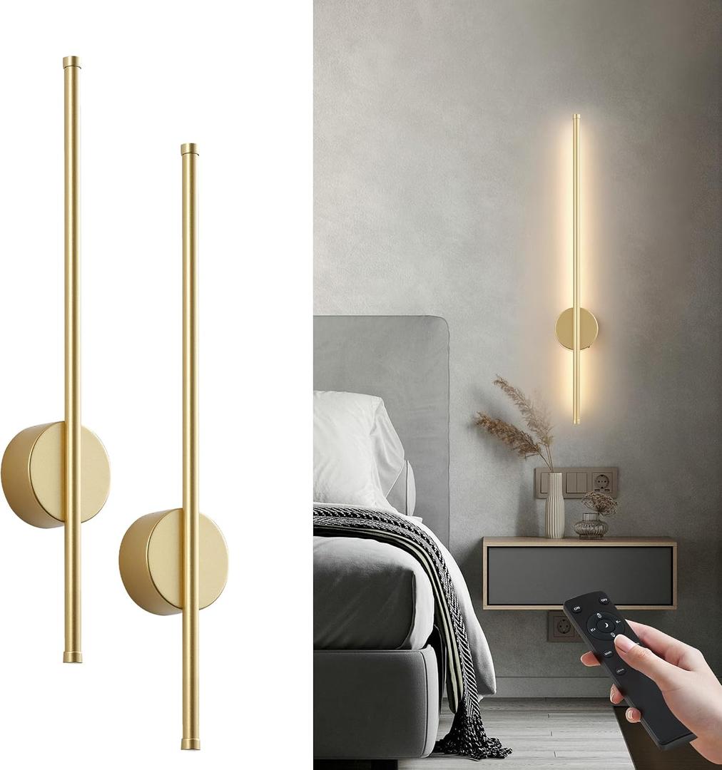 Battery Operated Modern Wall Sconces,Dimmable Wireless Wall Light Set of Two with Remote Control,3 Color Temperatures,Rechargeable LED Wall Sconce for Bedroom,Living Room,Hallway,23.6 Inch, Gold