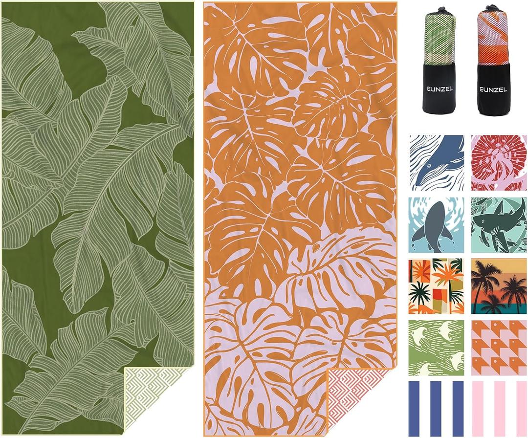 Eunzel 2 Pack Microfiber Beach Towel, Quick Dry Travel Towel Large Sand Free Towel for Beach, Camping, Swim Pool, Gym, Sports& Yoga 71"x32", Palm