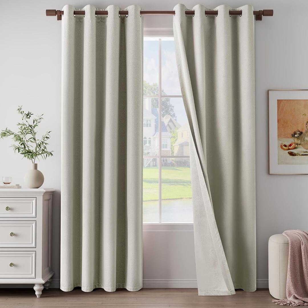 100% Blackout Linen Textured Curtains for Living Room, Bedroom, Light Weight Curtains with Grommets Top, Full Blackout Curtains Privacy Protection, Natural Linen, 52" W x 95" L, 2 Panels