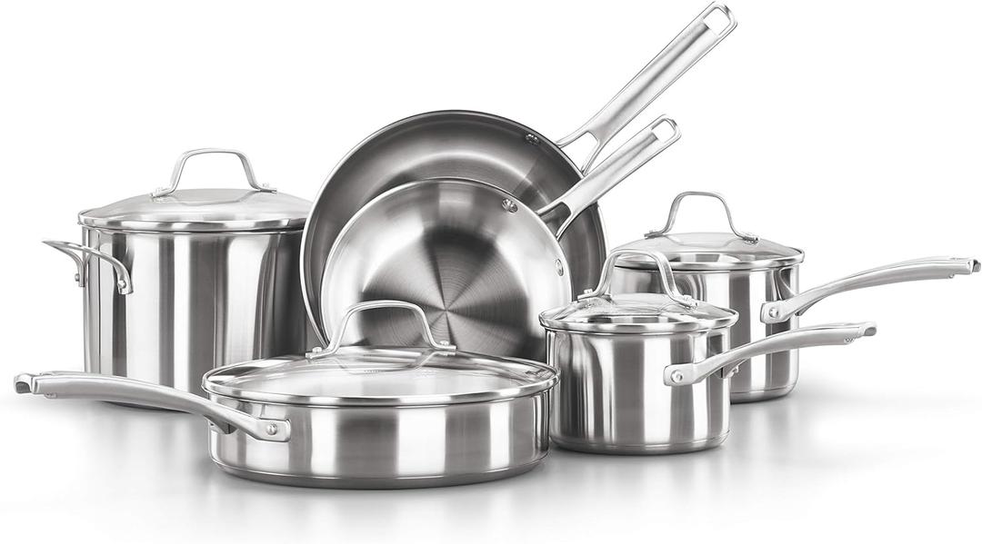 Calphalon Classic Stainless Steel Cookware Set, 10-Piece, Impact-Bonded Aluminum Base, Stay-Cool Handles, Oven Safe 450F, Silver