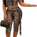CXXQ Sexy 2 Piece Outfits Off Shoulder Self Tie Crop Tops and Capri Legging Set Tracksuits Clubwear (XL)