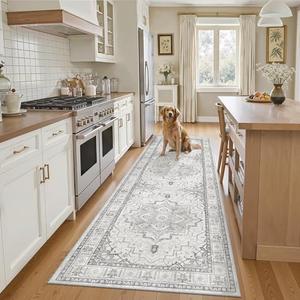 Madane Runner Rug 2'6''x8' Kitchen Runner, Hallway Runner Printed Vintage Rug 2.5x8ft Washable Rugs Soft Non-Slip Low Pile Runners for Hallways Laundry Room Rug, Grey