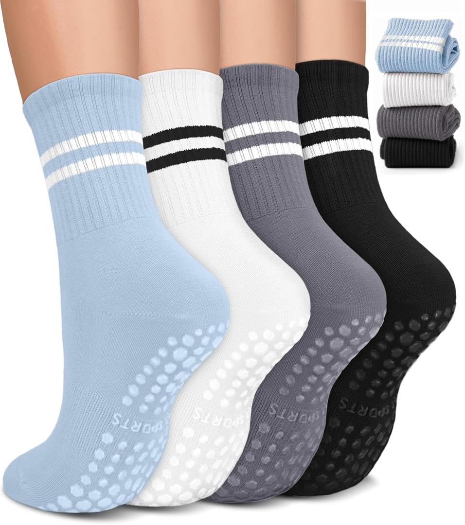Pilates Socks for Women, Non Slip Grip Socks for Yoga, Barre, Hospital, Grippy Socks Womens Gifts, 4 Pairs (Small-Medium, 1 Blue/White/Gray/Black- 4 Pairs)
