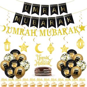 Umrah Mubarak Party Decorations Balloons - 38 Pcs Hajj Mubarak Black Gold Ramadan Eid Party Decoration Banners Foil Balloons Hanging Swirls Cake Toppers for Happy Eid Muslim Islam Festival Supplies