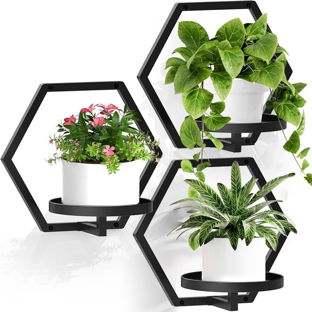 JOPBENG 3 Packs Wall Planters for Indoor Plants, 7.9inch Metal Wall Plant Holder Hanger Wall Decor, Wall-Mounted Hanging Planters Window Plant Shelves Outdoor(Black)