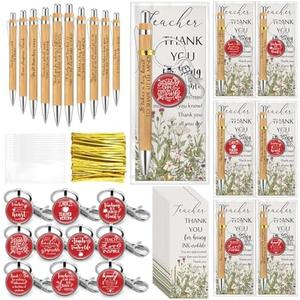 Motipuns 18 Sets Teacher Appreciation Gifts Bulk Thank You Teachers Week Gifts with Bamboo Ballpoint Pens Keychains and Inspirational Cards for Coworker Student Graduation Appreciation