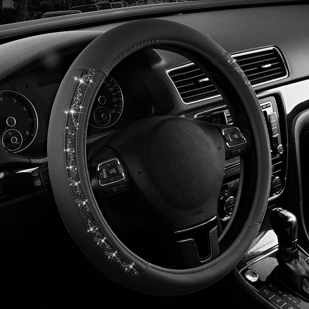 Road Comforts Steering Wheel Cover, Glitter Bling Leather Wheel Cover, Universal Fit 14.5"-15.5" Steering Wheels for Women & Girls, Anti-Slip Car Wheel Protector for Cars, Trucks, Vans, SUVs-Black