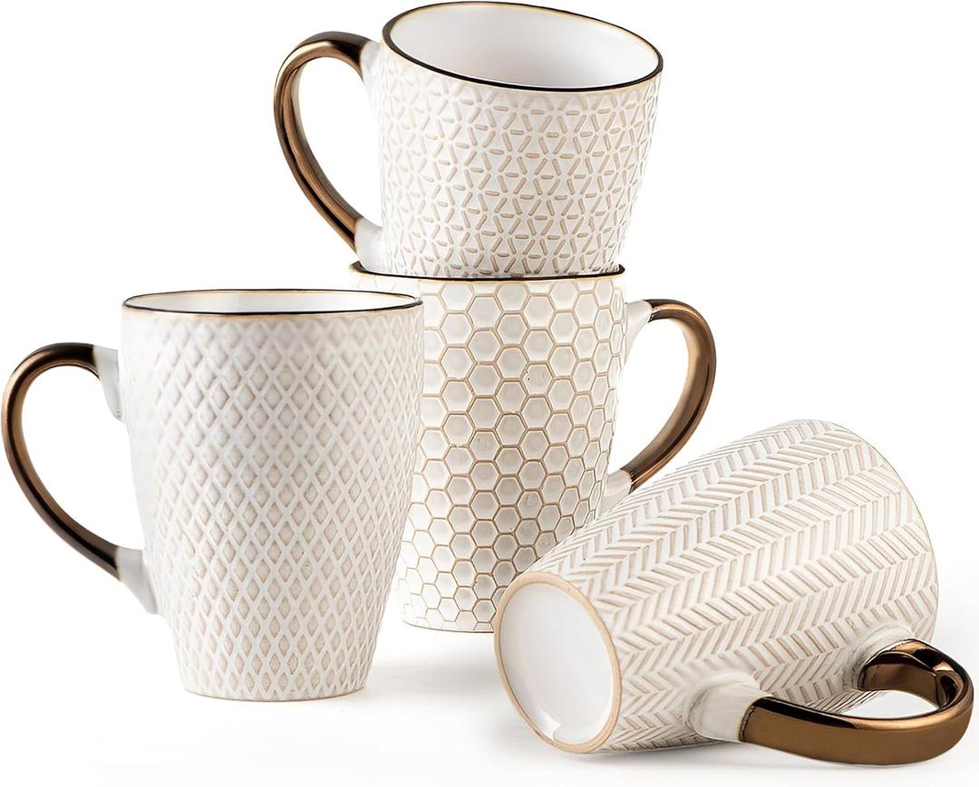 Gooditour Ceramic Coffee Mug Set - 16 Oz Large Coffee Mugs - Embossed Stoneware Cups with Handle for Latte Tea Cappuccino Cocoa - Microwave Dishwasher Safe - Set of 4 - White