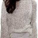 SOLY HUX Women's Hollow Out Sequin Sparkly Sweater Sheer Long Sleeve Shiny Pullover Coverup Tops Party Outfits (Medium, Plain White)