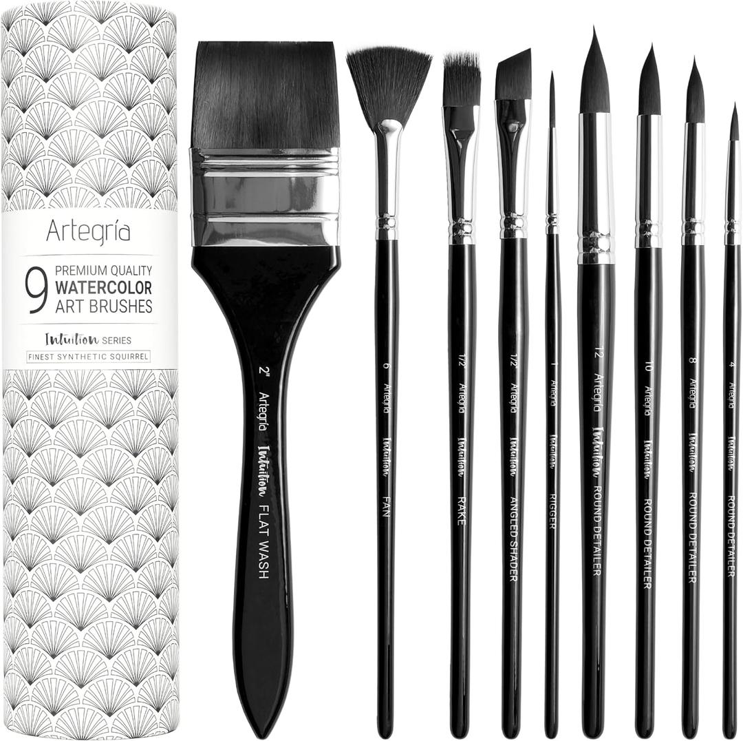 ARTEGRIA Watercolor Brush Set, 9 Professional Soft Synthetic Squirrel Paint Brushes, Including Round Detailers, Flat Wash, Rigger, Rake, Fan, Angled Shader
