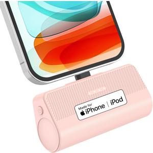 KKD Portable Charger for iPhone, Built-in MFi Certified Plug, 5000mAh Small Portable Phone Charger Power Bank for iPhone 14/13/12/11/XR/X/SE/8/7/6/6s/Pro Max/Plus,iPad,Pink