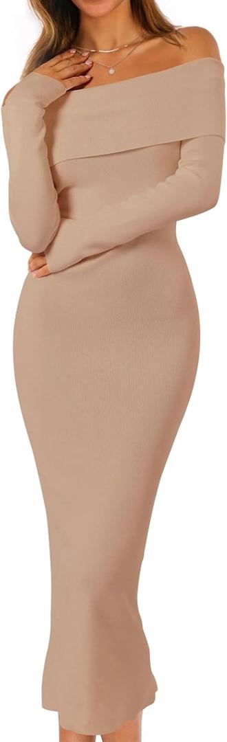 MEROKEETY Women's Winter Off Shoulder Bodycon Sweater Dress 2026 Spring Formal Long Sleeve Elegant Club Party Midi Dresses (Medium, Khaki)